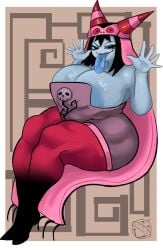 1girls areola_slip ass big_ass big_breasts big_butt black_hair blue_areola blue_tongue breasts breasts_bigger_than_head bubble_butt clothing curvaceous curvy curvy_figure female female_only hat hero:_108 huge_ass huge_breasts legwear long_hair long_tongue mole mole_under_eye mostly_clothed mystique_sonia narrowed_eyes solo solo_female stockings teasing teasing_viewer thick_thighs tongue tongue_out veilzebub voluptuous voluptuous_female white_border wide_hips