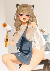 1girls 2025 animal_ears apron arknights big_breasts blonde_hair cat_ears catgirl ett hi_res kemonomimi light-skinned_female light_skin looking_at_viewer nipples nipples_visible_through_clothing no_bra no_panties nude pose purple_eyes simple_background smile solo utage_(arknights)