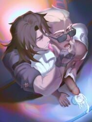 2boys bara bare_pectorals beard beard_stubble blonde_hair brown_hair brown_shirt commentary condom condom_in_mouth cum cum_in_container cum_in_cup dark-skinned_male dark_skin dated facial_hair fingerless_gloves gallagher_(honkai:_star_rail) gloves grin hand_on_another's_mouth highres honkai:_star_rail honkai_(series) long_hair looking_at_another looking_to_the_side male male_focus mouth_hold multiple_boys muscular muscular_male nipples open_clothes open_shirt pectorals penis red_eyes scar scar_across_eyebrow scar_on_face sex shin_0z shirt signature sleeves_rolled_up smile stubble sunglasses swept_bangs symbol-only_commentary white_shirt woolsey_(honkai:_star_rail) yaoi