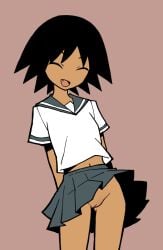 akableak arms_behind_back black_hair brown_background cleft_of_venus closed_eyes clothes_lift cowboy_shot dark-skinned_female dark_skin facing_viewer female grey_sailor_collar grey_skirt midriff_peek miniskirt navel no_panties oerba_yun_fang pleated_skirt pussy sailor_collar sayonara_zetsubou_sensei school_uniform sekiutsu_maria_tarou serafuku shirt short_hair short_sleeves simple_background skirt skirt_lift smile solo spiked_hair standing white_shirt