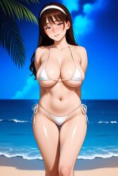 ai_generated beach big_breasts blue_eyes bra breasts cameltoe clair_obscur:_expedition_33 clea_(clair_obscur:_expedition_33) curvy_female female headband light-skinned_female looking_at_viewer panties sea smaniaarts solo solo_female swimsuit