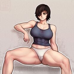 1girls abs artist_name chainsaw_man eyepatch female himeno_(chainsaw_man) muscular muscular_female panties redteneri sitting solo toned