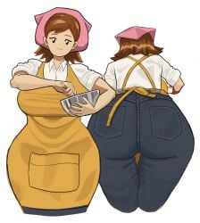 1girls apron ass big_ass big_breasts breasts brown_hair bubble_butt clothing cooking_mama dat_ass fat_ass female female_only front_view gloves gluteal_fold huge_ass jeans large_ass mama_(cooking_mama) metalsplinter milf mixing_bowl pants rear_view shirt solo thick_ass thick_thighs white_background wide_hips