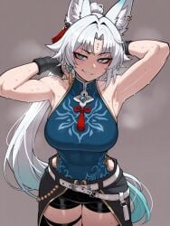 1girls ai_generated arm_behind_head arm_up armpit armpit_fetish armpits arms_up astralgazer black_boots black_shorts boots chinese_clothes ear_piercing earrings exposed_shoulders eyeshadow feixiao_(honkai:_star_rail) female fingerless_gloves fox fox_ears fox_girl gloves green_hair honkai:_star_rail honkai_(series) hoyoverse kemonomimi knee_boots large_breasts long_hair looking_at_viewer shorts shoulders sleeveless sleeveless_shirt smirk solo steam steaming_body sweat sweatdrop sweaty_thighs tassel thigh_strap thighs two_tone_hair very_long_hair white_hair