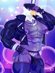 2025 abs accessory accipitrid accipitriform animal_crossing anthro apollo_(animal_crossing) areola avian bald_eagle barazoku beak biceps big_bulge big_muscles big_penis bird body_hair bracelet bulge chest_hair clothed clothing cock_ring crop_top deltoids eagle erection erection_under_clothing feathers fingerless_gloves fishnet_clothing fishnet_topwear garter_belt garter_straps genitals gloves hand_on_hip handwear happy_trail hat headgear headwear hi_res huge_muscles humanoid_genitalia humanoid_penis jacket jewelry lace leather leather_clothing leather_daddy leather_gloves leather_handwear leather_hat leather_headgear leather_headwear leather_jacket leather_topwear legwear male muscular muscular_anthro muscular_male narrowed_eyes necklace nibblenippler nintendo nipple_piercing nipple_ring nipples non-mammal_nipples open_clothing open_jacket open_topwear pecs penis penis_accessory penis_base penis_jewelry piercing pubes purple_background ring_piercing sea_eagle serratus shirt simple_background smile solo standing tenting thick_arms thick_thighs thigh_highs thong topwear tuft underwear
