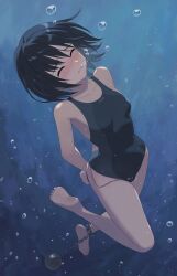 air_bubble amagami asphyxiation ball_and_chain_restraint barefoot black_hair black_one-piece_swimsuit blue_one-piece_swimsuit blush botan_m bound bound_wrists bubble closed_eyes collarbone commentary_request competition_swimsuit drowning egg_vibrator female full_body highres holding_breath nanasaki_ai one-piece_swimsuit paid_reward_available parted_lips restrained sex_toy short_hair sinking soles solo struggling submerged swimsuit two-tone_one-piece_swimsuit two-tone_swimsuit underwater vibrator vibrator_under_swimsuit water