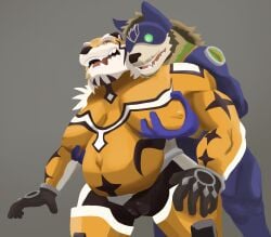 anthro beard blonde_hair breast_grab breasts brown_hair camel_toe cosplay duo facial_hair felid female fur goatee hair hand_on_breast hi_res lifewonders live_a_hero male male/female mammal moustache mtf_crossgender navel nipple_outline nobodyshouse outie_navel pantherine pencil_mustache pregnant rule_63 ryekie_(live_a_hero) sideburns skintight_bodysuit superhero_costume tan_body tan_fur tiger white_body white_fur wolf_villain_(live_a_hero) yellow_body yellow_fur