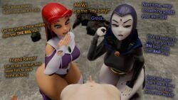 1boy 2girls 3d clothed_female_nude_male dialogue faceless_male grey_skin orange_skin pinching_gesture public public_nudity purple_hair raven_(dc) red_hair ridicule small_penis small_penis_humiliation starfire teen_titans throwingblue