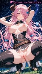 1girls 2025 ai_generated armpits arms_behind_head arms_up asymmetrical_gloves belt black_footwear black_gloves black_thighhighs blush boots braid breasts breasts_out draph female gloves granblue_fantasy hair_ornament hair_over_one_eye hi_res high_heel_boots high_heels highres horns large_breasts long_hair looking_at_viewer narmaya_(granblue_fantasy) natsuyoru night nipples patreon pink_eyes pink_hair pointy_ears pussy sky sleeveless smile solo spread_legs squatting thigh_boots thighhighs thighs vagina voluptuous voluptuous_female