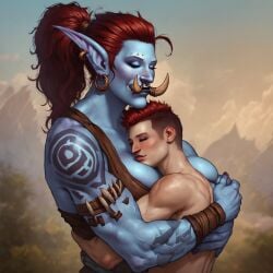 ai_generated big_breasts big_female big_female_small_male blue_skin female hug human human_male larger_female mountain nowrin red_hair size_difference small_male smaller_male stable_diffusion tribal troll troll_(warcraft) troll_female tusks warcraft world_of_warcraft