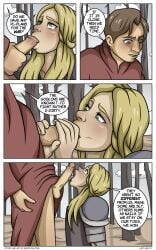 armor blonde_hair comic duo eekpocalypse erection fellatio female lady_anya lady_anya_(eekpocalypse) licking_penis male oral outdoors penis penis_lick straight uncensored uncircumcised