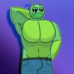 antennae_(anatomy) anthro aphid arthropod belt belt_buckle bottomwear buckle bulge clothing denim denim_bottomwear denim_clothing green_body indigo_(noyouare) insects jeans male muscular muscular_anthro muscular_male noyouare pants pecs pecs_focus shirtless shirtless_anthro shirtless_male solo true_bug