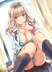 1girls aqua_skirt areola_slip black_socks blonde_hair blue_nails blue_necktie blush bra breasts closed_mouth collared_shirt commentary_request curtains desk dress_shirt feet_out_of_frame female finger_to_mouth green_bra green_panties gyaru hair_ornament highres hiiragi_kurumi kiss_kara_hajimaru_gyaru_no_koi kogal large_breasts long_hair looking_at_viewer monety necktie on_desk open_clothes open_shirt panties plaid_clothes plaid_skirt pleated_skirt red_scrunchie school_desk school_uniform scrunchie shirt sitting skirt sleeves_past_wrists socks solo underwear undone_necktie white_shirt window wing_collar wrist_scrunchie x_hair_ornament yellow_eyes