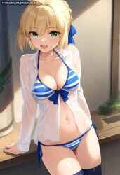 :d ahoge ai_generated arm_support artoria_pendragon artoria_pendragon_\\\\(fate\\\\) bangs bikini blonde_hair blue_ribbon braid breasts cleavage collarbone collared_shirt cowboy_shot dandanhub fate/grand_order fate/stay_night fate_(series) female front-tie_top green_eyes hair_bun hair_ribbon halterneck long_sleeves looking_at_viewer medium_breasts navel open_clothes open_mouth ribbon saber see-through shirt short_hair side-tie_bikini_bottom smile solo striped striped_bikini swimsuit thighhighs thighs white_shirt