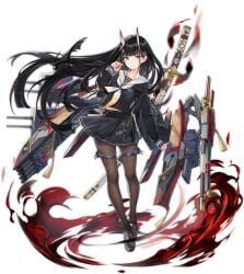 azur_lane black_background black_cardigan black_footwear black_hair black_pantyhose black_serafuku black_shirt black_skirt blue_eyes blunt_bangs breasts brown_legwear brown_pantyhose cardigan cg closed_mouth collarbone expressionless female floating_hair full_body hair_ornament hairclip horns katana loafers long_hair long_sleeves looking_at_viewer machinery midriff_peek miniskirt neckerchief noshiro_(azur_lane) official_art oni_horns open_cardigan open_clothes pantyhose pleated_skirt purple_eyes sailor_collar school_uniform serafuku sheath sheathed shirt shoes skirt solo standing straight_hair sword tachi-e thigh_strap transparent_background turret very_long_hair weapon white_neckerchief white_sailor_collar x_hair_ornament