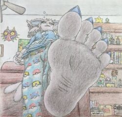5_toes absurd_res anthro barefoot blue_nails book bookshelf clothing colored_nails colored_pencil_(artwork) eeveelution espeon feet female foot_fetish foot_focus furniture furry generation_2_pokemon graphite_(artwork) hi_res humanoid_feet mixed_media nails nintendo pajamas plantigrade pokemon pokemon_(species) signified-blue soles solo tail toes traditional_media_(artwork)