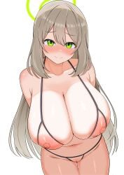 absurdres arms_behind_back bare_shoulders bikini blonde_hair blue_archive blush breasts cleavage crotchless crotchless_bikini cupless_bikini female green_eyes green_halo halo highres huge_breasts ikurage_(namakurage_13) long_hair looking_at_viewer navel nipples nonomi_(blue_archive) pussy revealing_clothes simple_background smile string_bikini swimsuit white_background