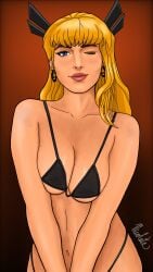 1girls belly_button bikini blonde_hair blue_eyes breast_squeeze earrings female freckles looking_at_viewer magik_(illyana_rasputin) magik_(marvel_rivals) marvel marvel_rivals new_mutants nicolate nipple_piercing nipples nipples_visible_through_clothing pierced_nipples piercing smile smiling smiling_at_viewer squeezing_breast wink winking winking_at_viewer x-men