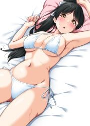 armpits bare_arms bare_belly bare_legs bare_shoulders bare_thighs bed bed_sheet belly_button big_breasts bikini black_hair blush breasts cleavage collarbone groin hair_ribbon hazuki_ren head_on_pillow long_hair love_live! love_live!_superstar!! lying ponytail side-tie_bikini_bottom sideboob sweat thighs underboob white_bikini yellow_eyes yopparai_oni