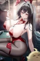 :p alternate_costume animal_ears ass azur_lane bare_shoulders between_breasts black_hair black_pantyhose blurry blush bow bowtie breasts cleavage crossed_bangs detached_collar fake_animal_ears female hair_between_eyes high_heels highleg highleg_leotard holding huge_breasts id_card large_breasts leotard long_hair looking_at_viewer manjuu_(azur_lane) pantyhose playboy_bunny pole pole_dancing rabbit_ears red_bow red_bowtie red_eyes red_footwear red_leotard smile solo squatting strapless strapless_leotard stripper_pole table taihou_(azur_lane) taihou_(fun_on_the_baize)_(azur_lane) thigh_strap thighband_pantyhose thighs tongue tongue_out very_long_hair wrist_cuffs