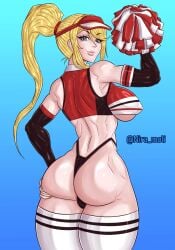 1girls ass ass_focus ass_up back back_view bikini blonde_hair booty cheeks cheerleader cheerleader_outfit cheerleader_uniform costume fanart female fit fit_female fitness girl legs metroid mommy muscle_girl muscle_slut muscles nintendo niramoli pose samus_aran skirt smiling smiling_at_viewer socks solo_female sport sports_uniform sportswear stretching strong_female thong uniform waifu yoga_pose