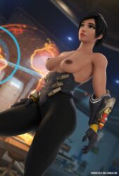 3d black_eyes black_hair blender blizzard_entertainment dark-skinned_female dark_skin female high_resolution leather_pants muscle muscular_female overwatch pharah pharah-best-girl power_armor short_hair tumblr_username watchpoint:_gibraltar_(map)