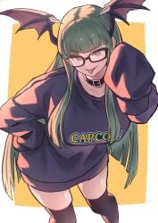 absurdres ap_cammy bespectacled black-framed_eyewear black_thighhighs blunt_bangs breasts capcom clothes_writing collar cowboy_shot darkstalkers demon_wings female glasses green_eyes green_hair hand_on_own_hip head_wings highres hime_cut long_sleeves looking_at_viewer morrigan_aensland sleeves_past_fingers sleeves_past_wrists smile solo tagme thighhighs tongue tongue_out wings