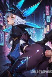 1boy ai_generated anal anima_squad_series animal_ears artist_name ass battle_bat_xayah black_gloves black_headwear blush breasts building city clothed_sex fake_animal_ears female futarush gloves green_eyes grey_hair hat large_breasts league_of_legends long_hair long_sleeves makeup night outdoors patreon patreon_username penis red_lips riot_games sex sex_from_behind solo_focus straight sultryspark teeth testicles torn_clothes vastaya xayah