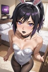 ai_generated bed blouse bunny_ears bunnygirl bunnysuit choker gogo_tomago goth looking_at_viewer pantyhose playboy_bunny purple_hair tv white_bunnysuit