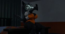 1girls 3d 3d_(artwork) animal_ears animal_nose black_fur black_hair black_sclera black_skin body_fur borrowed_character breasts cellphone cleavage colored_sclera colored_skin covered_navel curtains dark female furry furry_female glowing glowing_eyes holding holding_phone huge_breasts indoors large_breasts leotard long_hair mal0 notsoanonsfm open_clothes orange_leotard outstretched_arm personification phone scp-1471 scp-1471-a scp_foundation shirt sitting sleeves_rolled_up smartphone snout solo table tail teeth thick_thighs thighs white_eyes white_fur white_jacket wide_hips