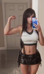 3d 3d_model 3d_render armpits belly_button big_breasts black_hair final_fantasy final_fantasy_vii final_fantasy_vii_remake flexing flexing_bicep large_breasts long_hair looking_at_viewer mirror_selfie red_eyes ria-neearts skirt slim_waist sports_bra sportswear tagme thick_thighs tifa_lockhart top wide_hips young_female