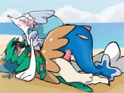 2022 anthro asterozoan avian beach blush bodily_fluids decidueye duo echinoderm female female_feral female_on_top female_penetrated feral generation_7_pokemon genitals male male/female male_on_bottom male_penetrating male_penetrating_female mammal marine nintendo on_bottom on_top penetration penis pink_pussy pinniped pokemon pokemon_(species) primarina pussy sex smj starfish sweat