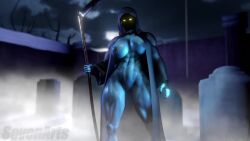 1girls abs athletic bikini fit grimmy_(sevenarts) hood huge_breasts micro_bikini muscular muscular_female reaper scythe sevenarts tagme video