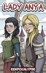 armor black_hair blonde_hair blue_eyes clothed demetria_(eekpocalypse) eekpocalypse fantasy female lady_anya lady_anya_(eekpocalypse) lewd_face tongue_out