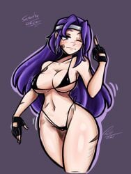 1girls big_ass big_breasts big_thighs bikini black_bikini breasts cameltoe closed_eye curvy curvy_female curvy_figure el_diario_de_jonathan female female_only gloves headband light_smile long_hair petina petoart purple_eyes purple_hair samantha_cortez scar scars_all_over solo solo_female standing thick thick_legs thick_thighs thighs