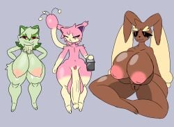 anthro areola balls big_balls big_breasts big_penis bodily_fluids breasts chronicmeowmeow female fur generation_3_pokemon generation_4_pokemon generation_9_pokemon genitals group hi_res huge_balls huge_breasts huge_cock hyper hyper_balls hyper_breasts hyper_genitalia hyper_penis lopunny male nintendo nipples nude penis pokemon pokemon_(species) pussy simple_background skitty smile sprigatito tail trio