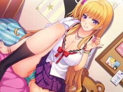 1girls black_socks blonde_hair blue_panties blush bracelet breasts cleavage dress_shirt earrings female gyaru hair_ornament hair_scrunchie heart heart_necklace highres jewelry kogal large_breasts long_hair looking_at_viewer nail_polish necklace one_side_up original panties pantyshot parted_lips pinky_out purple_eyes purple_skirt school_uniform scrunchie shirt short_sleeves sitting skirt smile socks solo umihal underwear white_shirt