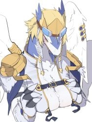 blonde_hair blue_fur body_fur breasts character_request claws coat commentary cum cum_on_body dragon_girl feathered_wings female furry furry_female genderswap_(mtf) goggles goggles_on_head highres hufy korean_commentary large_breasts legendz rule_63 shoulder_pads simple_background upper_body white_background white_coat white_fur white_wings wings yellow_eyes
