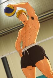 1boy abs ai_assisted ai_generated arm_up armpit_hair atsumu_miya blonde_hair blurry_background brown_eyes dick_slip dutch_angle foreskin haikyuu!! hand_on_hip happy_trail large_penis male male_only muscular nipples penis penis_peek penis_through_leghole smug solo solo_male sweat sweaty_legs thick_thighs two_tone_hair uncircumcised undercut volleyball