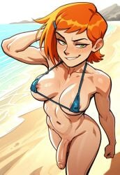 1futa ai_generated arm_behind_head beach ben_10 bikini blue_bikini breasts collarbone cowboy_shot day dsp flaccid_penis from_above futa_only futanari green_eyes gwen_tennyson hair_ornament hairclip highres looking_at_viewer medium_breasts micro_bikini navel nipple_slip nipples orange_hair outdoors self-upload short_hair smirk solo swimsuit wai-nsfw-illustrious-sdxl