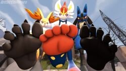 3d_(artwork) 5_toes anthro arcticchilifries big_feet black_nails braixen cinderace colored_nails digital_media_(artwork) feet foot_fetish foot_focus furry generation_4_pokemon generation_6_pokemon generation_8_pokemon hi_res humanoid_feet lucario macro nails nintendo nude plantigrade pokemon pokemon_(species) red_eyes smile soles toes widescreen