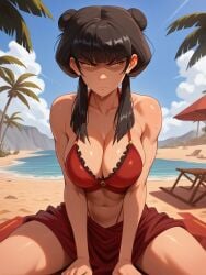 ai_generated amber_eyes avatar_the_last_airbender beach bikini cleavage clothing double_bun female female_focus female_only girls goth goth_girl hairbun hourglass_figure kneeling kneeling_on_ground leggings long_hair looking_at_viewer mai_(avatar) noblewoman palm_tree pouty red_bikini sand sidelocks solo solo_female solo_focus sweatdrop sweaty sweaty_body sweaty_breasts swimsuit wide_hips