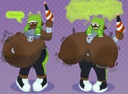 big_belly big_breasts breast_expansion breasts_bigger_than_head burping cephalopod_humanoid clothing dark-skinned_female digestion digestion_noises exxxcaliborg female_only female_pred green_hair hyper hyper_belly hyper_breasts inkling_girl massive_breasts same_size_vore splatoon vore vore_sequence