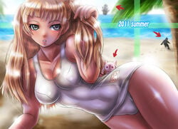 beach blonde_hair boken_fantasy breasts claymore collarbone dietrich_(claymore) female fringe_hair kyuubee large_breasts long_hair mahou_shoujo_madoka_magica one-piece_swimsuit palm_tree silver_eyes swimsuit tree twintails water white_school_swimsuit white_swimsuit