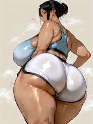 ai_generated back_view backboob bare_thighs big_ass big_butt black_hair brown_eyes dark-skinned_female dark_skin dolphin_shorts fat_ass gigantic_ass gigantic_breasts hair_bun huge_breasts huge_thighs latina looking_back low-angle_view massive_ass massive_breasts mature_female milf oatmealdood oiled_body oiled_skin original smiling solo_female squatting sweat sweatdrop tank_top thick_body thick_female thick_thighs thighs voluptuous voluptuous_female