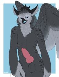 anthro avian balls bird blue_eyes blue_tongue bodily_fluids feathers genital_fluids genitals grey_body grey_feathers humanoid leaning_on_wall male non-canine_knot oreobird owl precum solo tongue winged_arms wings