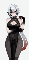 1girls arlecchino_(genshin_impact) bare_arms bare_shoulders big_breasts blush clothed clothing color female female_focus female_only genshin_impact hi_res large_breasts light-skinned_female light_skin looking_at_viewer ratatatat74 red_eyes short_hair solo solo_female tagme thick_thighs white_hair