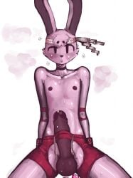 anthro balls big_penis bodily_fluids bottomwear cappycat clothing erection femboy genitals hi_res humanoid_genitalia humanoid_penis lagomorph leporid male mammal musk musk_clouds nipples penis pink_body rabbit shorts simple_background sitting slim_anthro slim_male solo sweat sweaty_body white_background