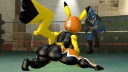 1boy 1girls 3d 3d_(artwork) animal_ears animal_feet animal_hands arm_up ass barefoot black_fur blue_fur body_fur clothed_pokemon colored_skin feet female fighting_stance from_behind full_body furry furry_female furry_male hand_up huge_ass indoors kneeling leg_up legs_apart locker looking_back lucario male male_focus multicolored_fur multicolored_skin muscular nintendo notsoanonsfm pikachu pikachu_libre pokémon_(species) poke_ball_symbol poke_ball_theme pokemon red_eyes shiny_clothes shiny_skin sign skin_tight snout spikes split spread_legs standing standing_on_one_leg tail tail_raised thick_thighs thighs two-tone_fur wolf_boy wolf_ears wolf_tail wrestling_ring yellow_fur