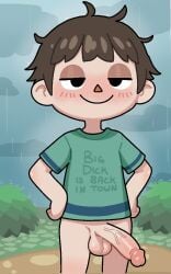animal_crossing balls big_penis biped bottomless bottomless_human bottomless_male brown_hair clothed clothing erection front_view genitals glans hair healerart hi_res human human_only humanoid_genitalia humanoid_penis male male_human mammal nintendo not_furry outside penis presenting presenting_penis raining shirt skinny smile smug solo standing t-shirt toony_face topwear villager_(animal_crossing) young
